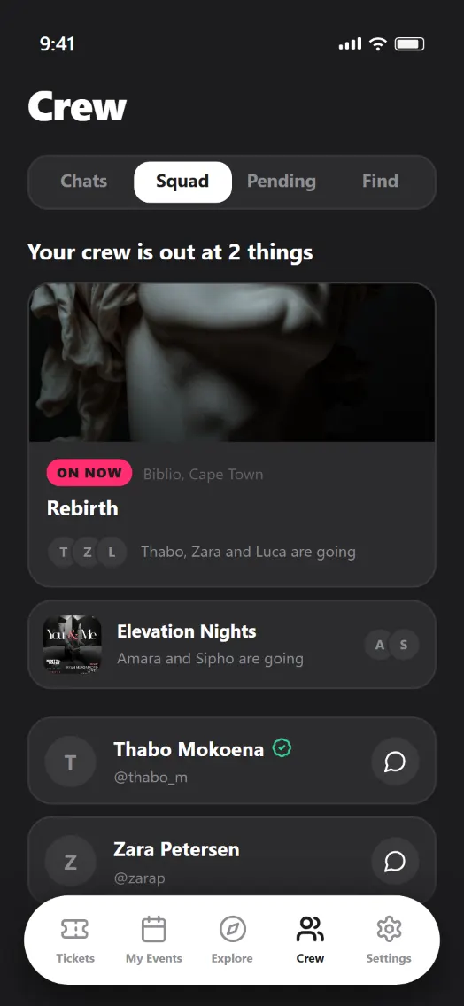 The JOL Crew tab, showing which events your crew has RSVP'd to tonight.