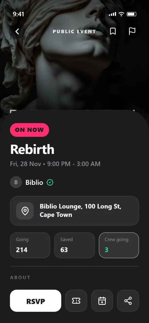 A JOL event page: the countdown above the title, how many are going, how many saved it, how many of your crew are in, and an RSVP button.