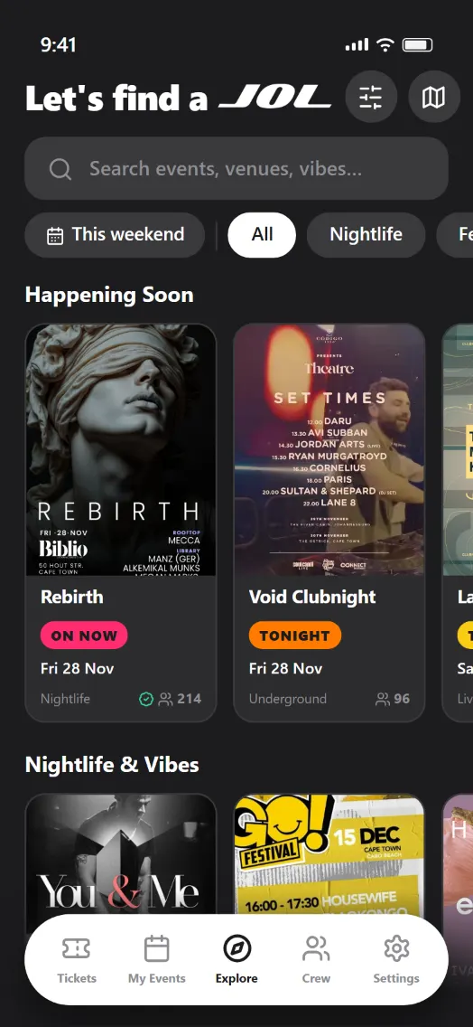 The JOL Explore feed: rows of upcoming events, the first of them badged ON NOW.