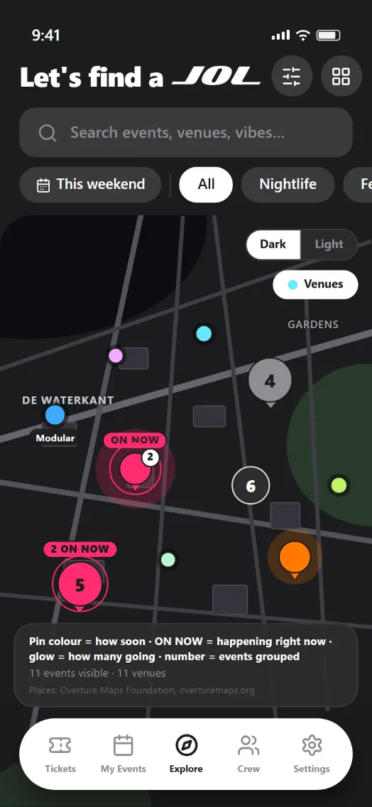 The JOL map: event pins coloured by how soon they start and grouped where they overlap, with live events ringed and labelled ON NOW.
