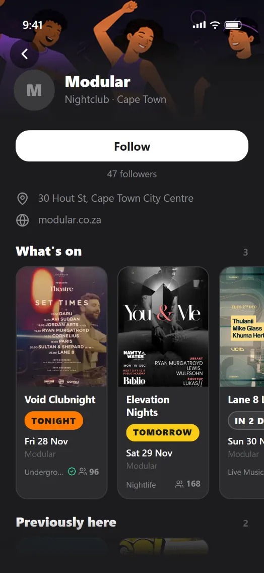 A JOL venue page: the venue's name over its art header, a Follow button and follower count, and two rails of events — what is on, and what has already happened there.